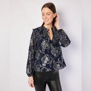 Sail to Sable Navy Metallic Ruffle Front Top | NWT | Size Small